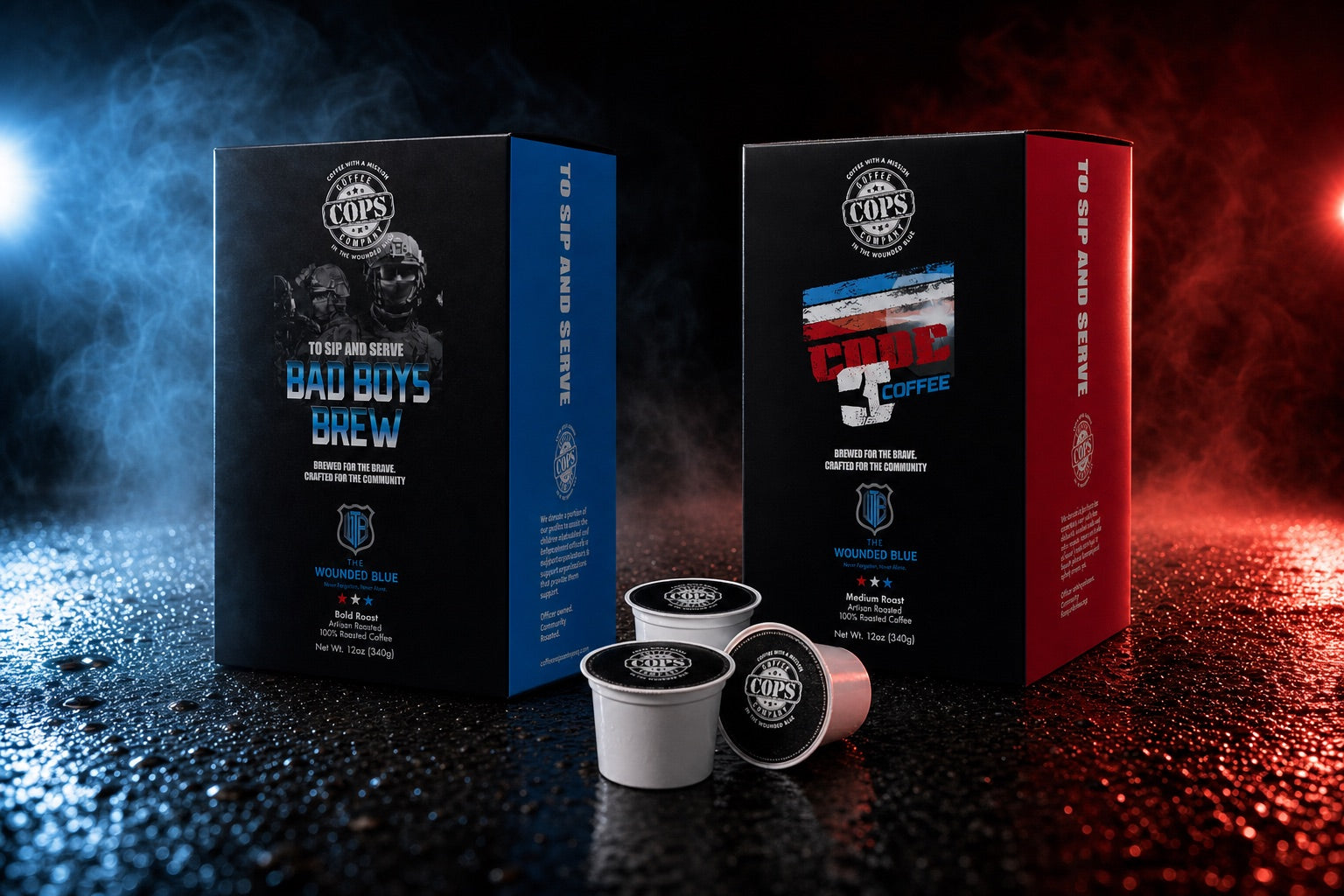 COPS Coffee K-Pods — Bad Boys Brew and Code 3 Coffee single-serve boxes